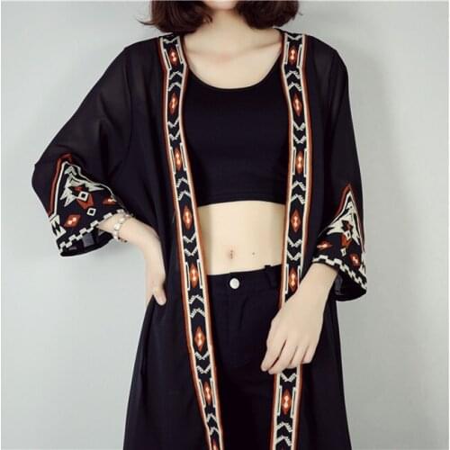 TingYiLi Black White Kimono Cardigan Women Embroidery Long Cardigan Summer Beach Chiffon Maxi Cardigan Female