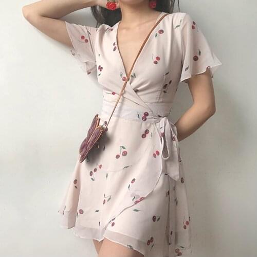 Women Dress Summer French Flower Cherry Print Ruffled White Lace Cross Lacing Up Elegant Bow Sexy Mini Girl Sundress 2021 Robe