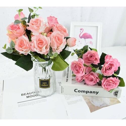 1 Bouquet Silk Rose Bouquet Artificial Flower Head Bud Silk Leaves For Home Wedding Birthday Party Decor Bride Fake Flowers Gift