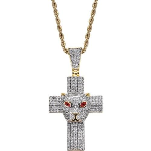 18k Gold Plated Lab Diamond Necklace Iced Out Leopard Head Cross Pendent Hip Hop Chain for Men Women