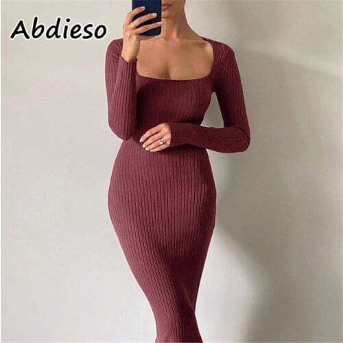 Abdieso Ribbed Long Sleeve Bodycon Dress Sexy Women 2021 Black Autumn Winter Long Basic Casual Dress Party Fashion