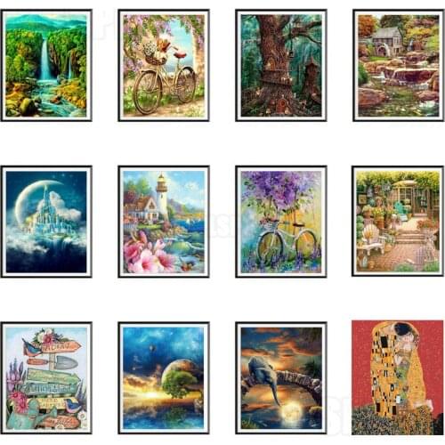 Diamond Painting Still Life Sky Castle Color Hand-Painted Road Sign Bird Stone Bridge Baby Elephant Forest Waterfall Decor Mural