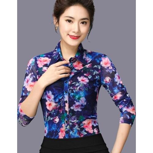 Summer Spring Casual Womens 3XL Slim Fitted Blue Floral Printed Cardigan Mesh Blouse , Fall Flower Stretch Blouses For Woman