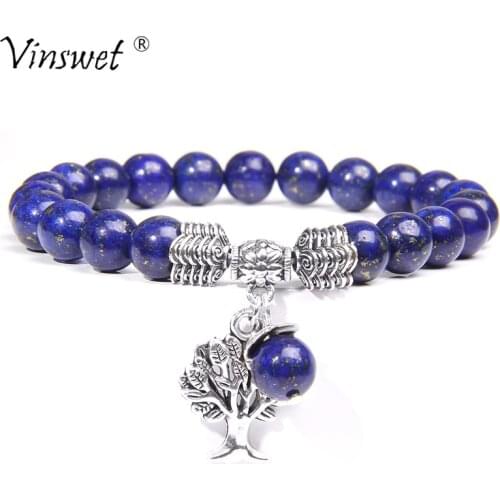 Men Natural Lapis Lazuli Stone Beads Bracelet Life Tree Charm Bracelet Women Fashion Adjustable Braid Pulsera Couples Jewelry