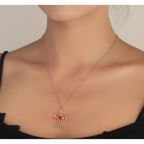 Elegant Rubby Heart Angel Necklaces for Girls Women Angle Pendant Heart Choker Amulet Jewery Gift for Her