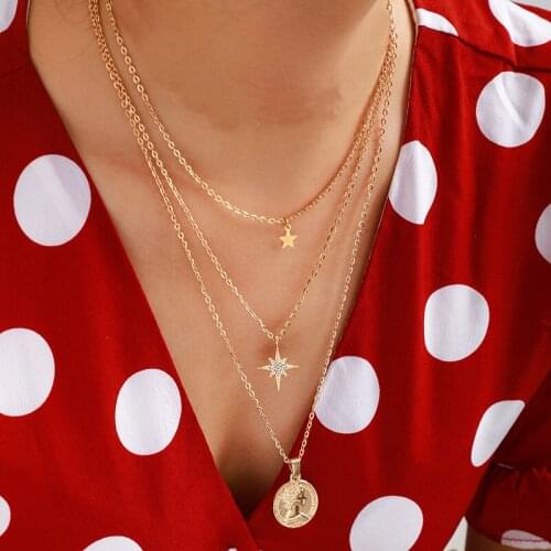 European and American fashion star 3-layer round coin popular pendant multi-layer group combination female necklace