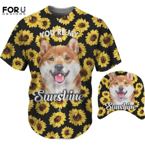 FORUDESIGNS Baseball Uniform For Men O Neck Buttons T-Shirt Short Sleeve Sunflower And Pet Dog Printed Casual Baseball Cap Sets