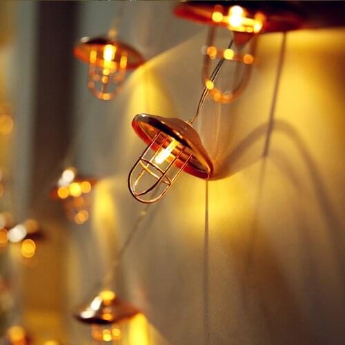 USB Battary Operated Retro Iron Lampshade String Light Fairy Warm White Garland Lamp Xmas for Cafe Christmas Wedding Party Decor
