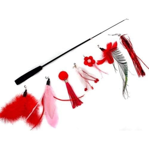8PC Replacement Cat Feather Toy Cat Stick With Bell Cat Feather Teaser Wand Pet Kitten Interactive Toy Retractable Fishing Road