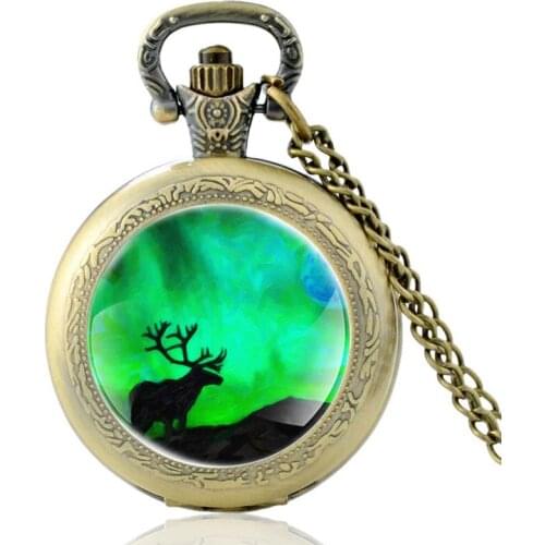 Classic Elk in The Aurora Vintage Quartz Pocket Watch Men Women Pendant Necklace Hours Chain Clock Best Gifts