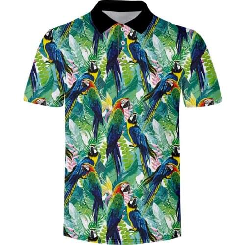 LCFA Mens Polo Short Sleeve Leaf Parrot 3D Print Casual Animal Heat Shrink Shirts High Quality Mens Clothing Summer Polos Tees