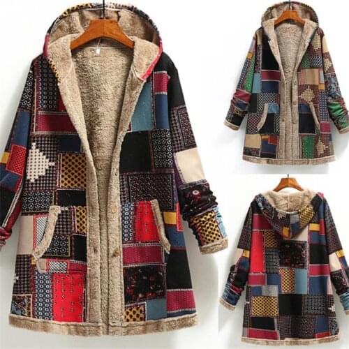 2021 Europe and America autumn and winter new plus size womens clothing retro cotton and linen hooded warm plush cotton coat