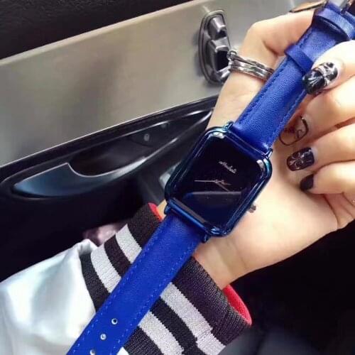 Simple Fashion Square Watches Cool Neutral Designer Girls Dress Wristwatch Pretty Blue Purple Leather Relogio Montre Femme W178