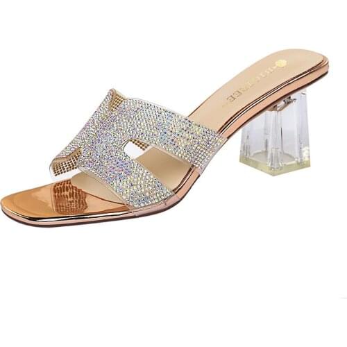 Sexy Womens Slippers 2021 Summer Fashion Square Toe Hollow Shiny Rhinestone Transparent Thick Heel Sandals