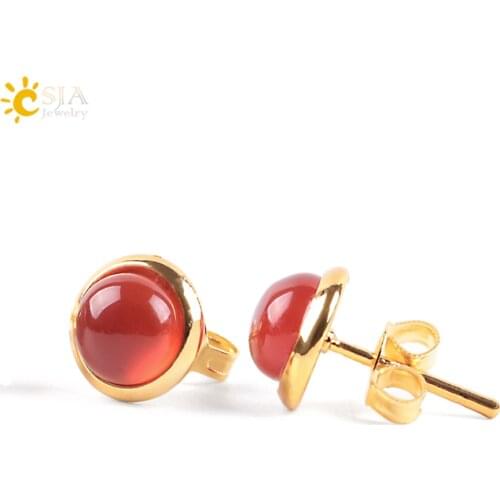 CSJA Cute Tiny Round Stud Earrings for Women Gold Color Ear Piercing Natural Gem Stone Bead Onyx Black Crystal Earring E596