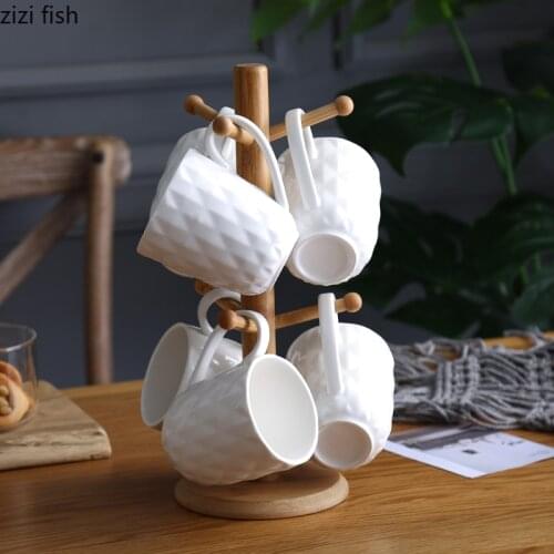 Creative White Ceramic Milk Mug with Wooden Stand Home Table Decoration Simple Large Capacity Tea Cup Coffee Cup Porcelain Set