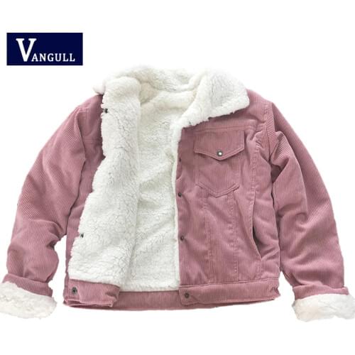 Vangull Corduroy Jacket Thick Velvet Women Jackets 2019 Winter New Warm Solid Outerwear Long Sleeve Vintage Short Women Coat