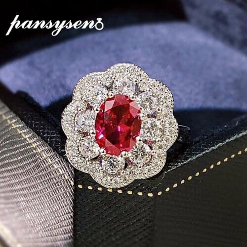 PANSYSEN Vintage 925 Sterling Silver Oval Ruby Simulated Moissanite Gemstone Wedding Engagement Ring Fine Jewelry Drop Shipping