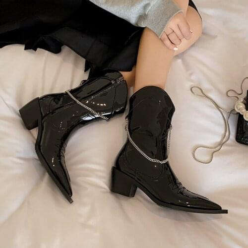 QZYERAI 2021 New Leather Boots Women Genuine Pointed Toe Mid Heel Ankle Boots Slip On Western Boots Cowboy Boots Women WESTERN