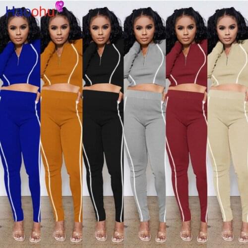 Reflective Striped Patchwork 2 Piece Outfits Womens Zipper Long Sleeve Slim Crop Top and High Waist Sporting Leggings Pants