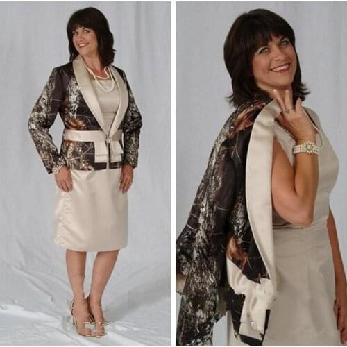 Square Sheath Knee Length Sheath Mother Of The Bride Formal Dresses Short With Camo Long Sleeves Jacket Two Piece Custom 2019