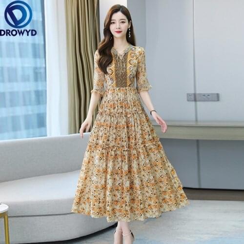 2021 Summer Boho Beach Maxi Dress for Women Fashion Short Sleeve Flower Printed Women Chiffon Long Dress Elegant Party Vestidos