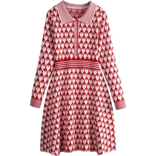 2020 Autumn Women Vintage Red Love Heart Knitted Dresses Ladies Clothing Elegant Single Breasted Long Sleeve Midi Sweater Dress