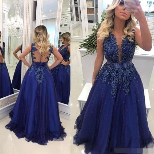 Robe de soiree Royal Blue Long Evening Dress 2019 Sheer Neck Lace Appliqued Beaded Pearls Tulle Prom Dresses Sexy Illusion Back