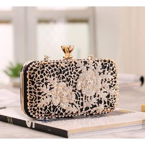Golden Evening Bags Shoulder Chain Party Handbags Box Hollow Out Fashion Women Clutch Crystal Small Purse