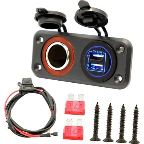 12V Marine USB Outlet Socket Panel, Cigarette Lighter Socket, Waterproof Charger Panel for Car Marine Motorcycle, Blue LED Light