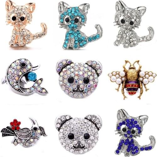 5pcs/lot New Snap Jewelry Crystal Elephant Bird Cat Bee Snap Buttons DIY Ginger Charms Fit 18mm Snap Button Bracelet Bangle