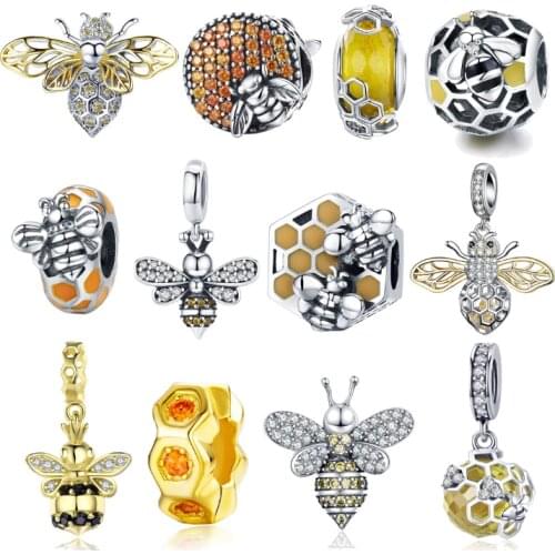 Hot Sale Bee Charm 925 Sterling Silver Crystal Bee Insect Beads fit for Bracelets Original Authentic Silver Jewelry ECC821
