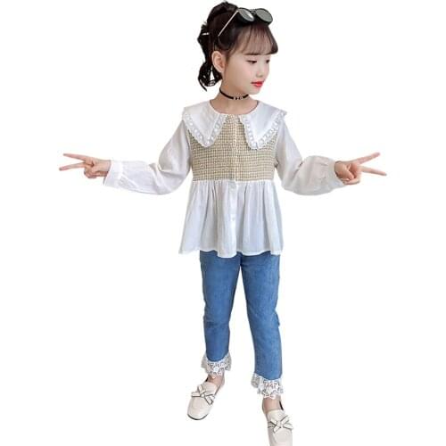 Children Clothes Plaid Blouse + Jeans Girls Clothing Lace Floral Clothes For Teenage Girls Casual Style Childrens Suits