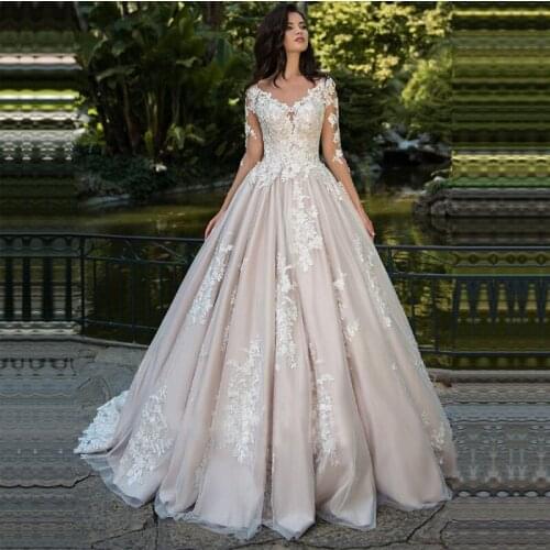 Long Sleeve Lace Wedding Dress Full Applique Bridal Gowns 2021 O Neck Bride Dresses Light Champagne vestido de noiva Back Button