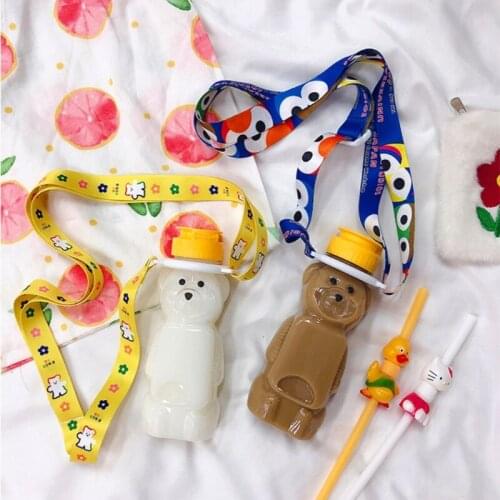 Lovely Cartoon Bear Straw Cup Water Bottle with Lid Leakproof Reusable Home Travel Couples Children Festival Gift 250ml