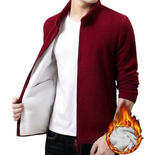 Men Autumn Winter Stand Collar Long Sleeve Coat Plush Warm Zip Jacket Outerwear Mens Clothing