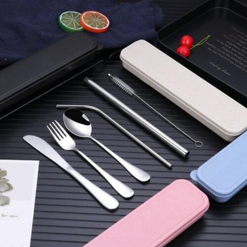 Stainless steel tableware set 304 stainless steel knife fork spoon Straw set portable tableware outdoor travel tableware