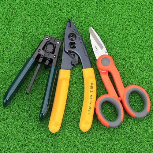 KELUSHI Free Shipping 3 packs Fiber Optic Tool Kit Kevlar Scissors Double Hole Pliers Stripper and Fiber Optic Stripper CFS-2
