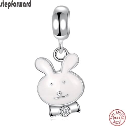 DIY White Rabbit Enamel Design 925 Sterling Silver Cute Rabbit Hanging Charm For Bracelet And Necklace Women Pendants DIY Beads