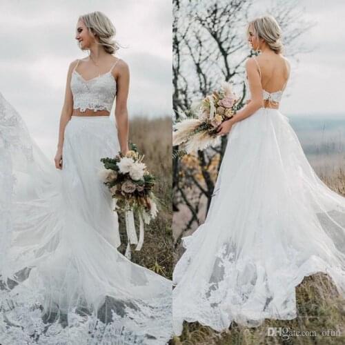 Bohemian Two Piece Wedding Dress Spaghetti Straps Tulle A Line Backless Sweep Train Boho Beach Simple Bridal Gowns Tailor-Made