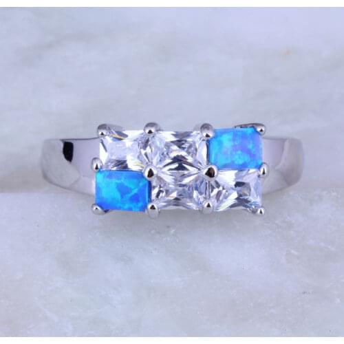 Love Monologue New Design Rectangle Blue Fire Opal & Cubic Zirconia Silver Color Rings J0514 Size 6/7/8/9