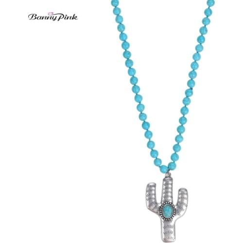 Banny Pink Bohemia Round Stone Beads Strand Necklace For Women Vintage Cactus Pendant Necklace Ethnic Knotted Sweater Chain