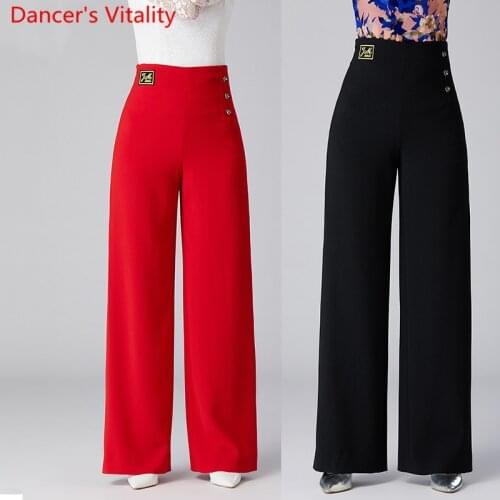 Women Modern Dance Black Red Long Loose Pants Professional Latin National Standard Ballroom Dancing Competition Training Trouser