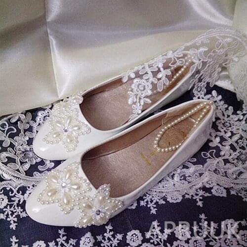 Ivory Pearls wedding shoes bride flat heel handmade plus sizes 41 42 43 ladies flower girls party dancing flats elastic straps
