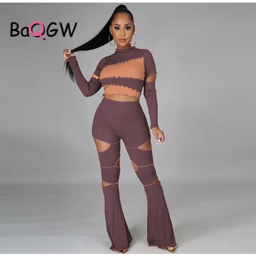 BaQGW Women Sexy Cut Out Long Sleeve Elastic Sweatsuit 2 Piece Set for Women Fitness Outfit Tops+ Hole Flare Pants Set Tracksuit