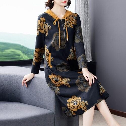 2021 Winter 4XL Plus Size Floral Hooded Dresses Autumn Casual Vintage Long Sleeve Midi Dress Women Bodycon Elegant Party Vestido