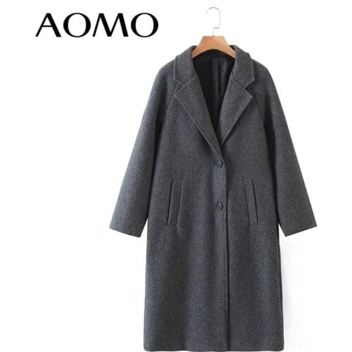 AOMO Women 2021 Winter Gray Thick Woolen Coats With Button Loose Long Sleeves Pocket Ladies Elegant OverCoat 2Z18A