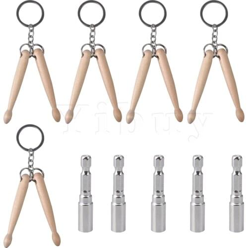 10x Steel 1/4" Drill Bit Tuning Key & Wooden Mini Drum Stick Keychain