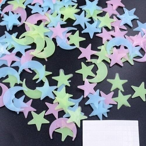 100 Pieces Of 2.6cm Childrens Room Decoration Stars Luminous Stickers Moon Fluorescent Stickers Star And Moon Color