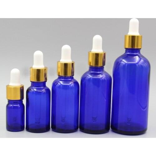 2/10pcs 5ml 10ml 15ml 20ml 30ml 50ml 100ml Empty Blue Glass Essential Oil Dropper Bottle with Gold Aluminum Cover & white glue